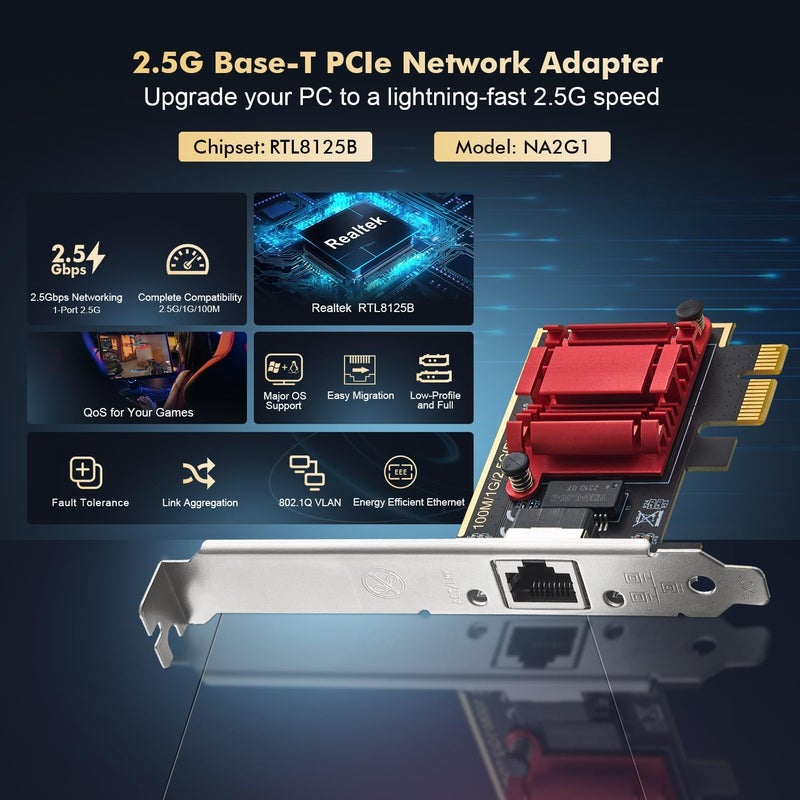 Binardat 2.5G PCIe Network Adapter, RTL8125B 2500/1000/100Mbps Ethernet Card RJ45 LAN Controller Support PXE for Windows/Linux/Mac - Image 2